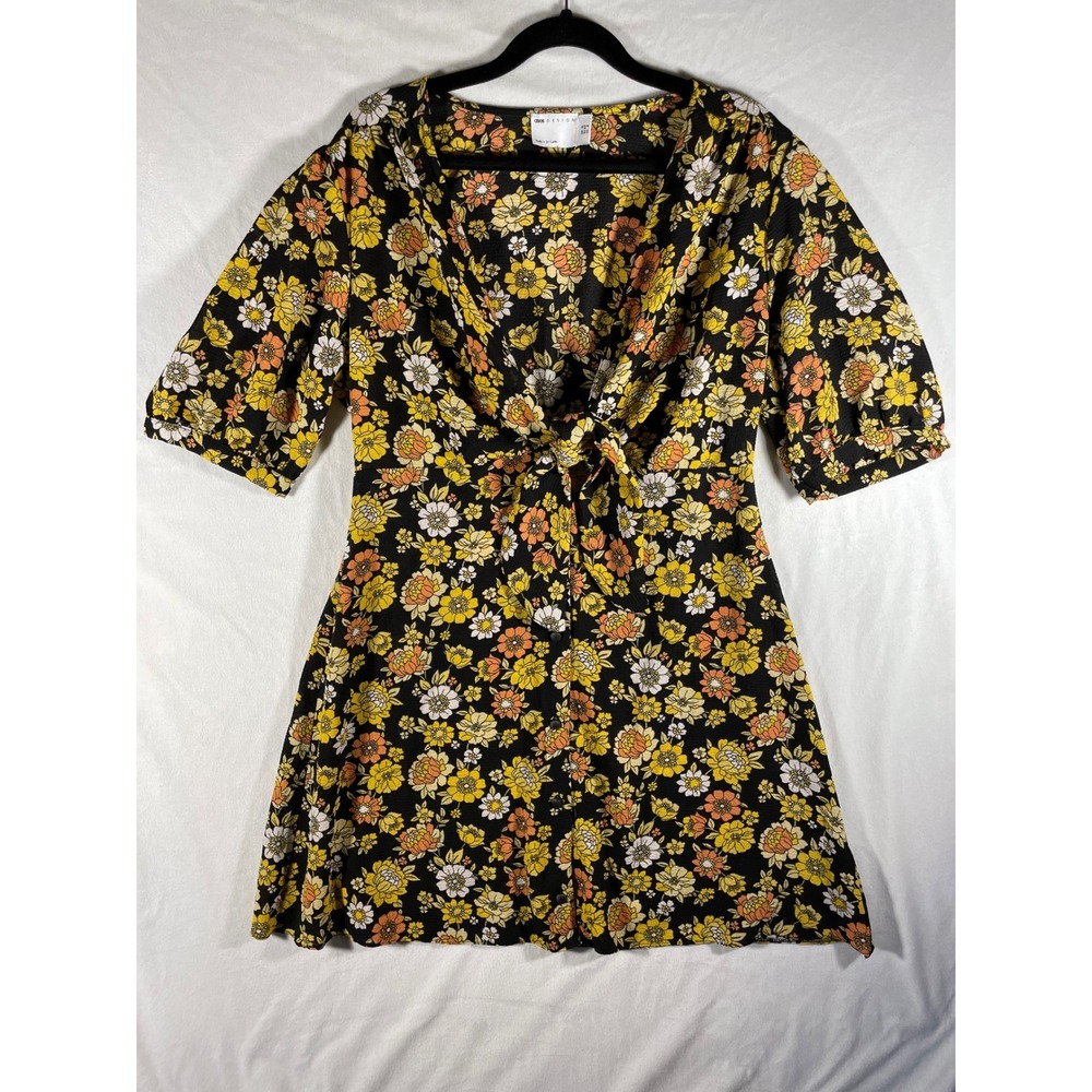 dark floral babydoll dress puff sleeve‎ mini 8 deep v bow hippie grunge kidcore